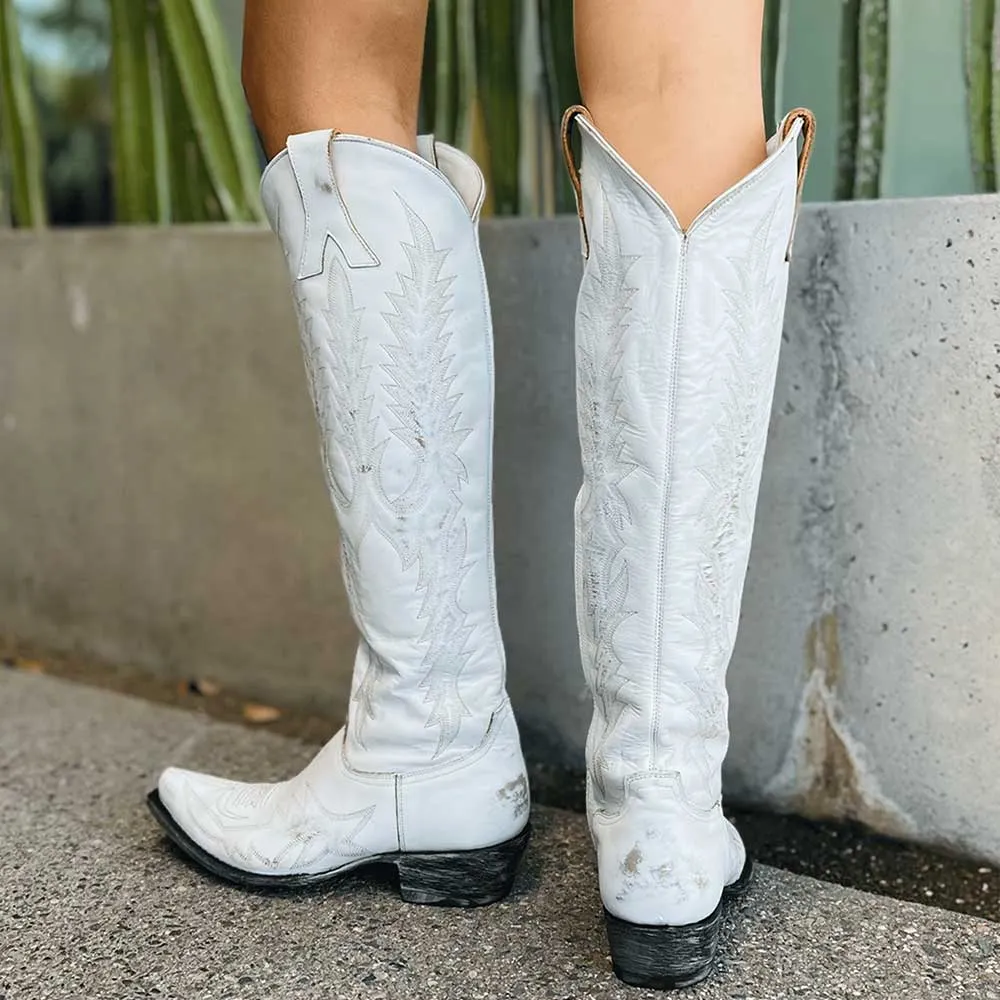 White Snip Toe Knee High Distressed Embroidered Cowgirl Boots