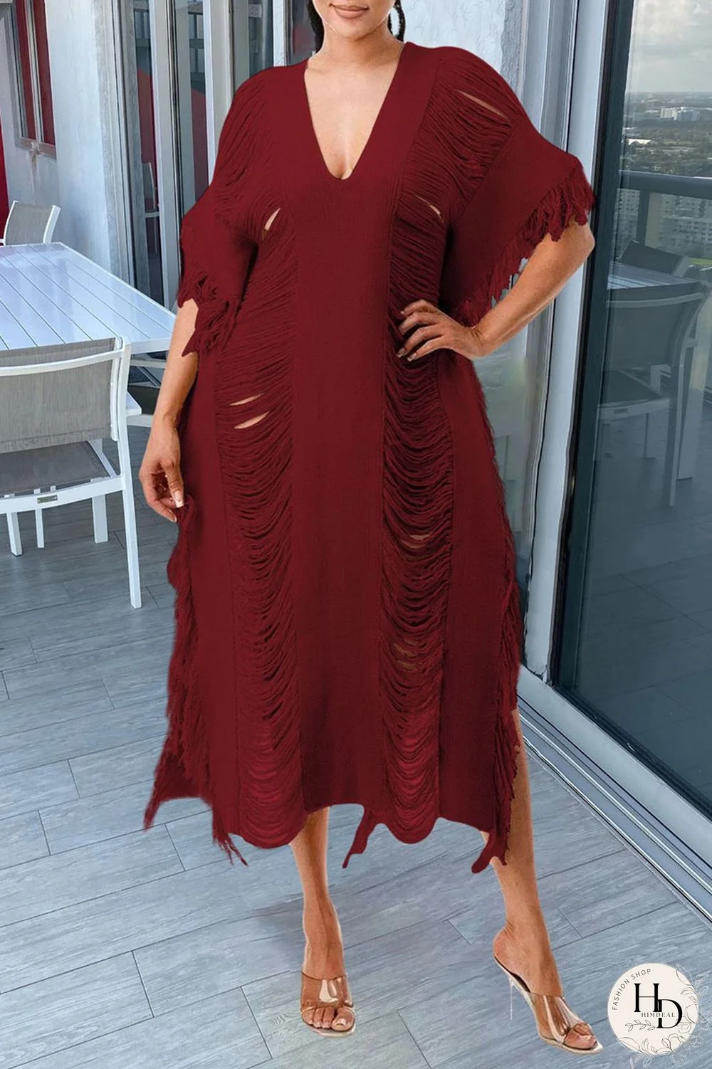 White Sexy Solid Tassel Hollowed Out Patchwork V Neck Beach Dress Dresses