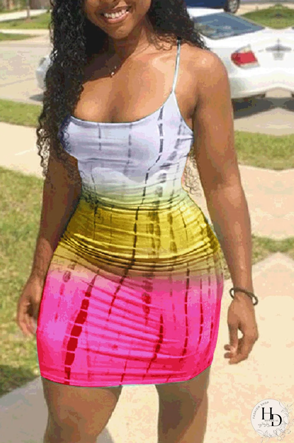 Stripe Sexy Fashion Spaghetti Strap Sleeveless Slip Sheath Mini Geometric Rainbow