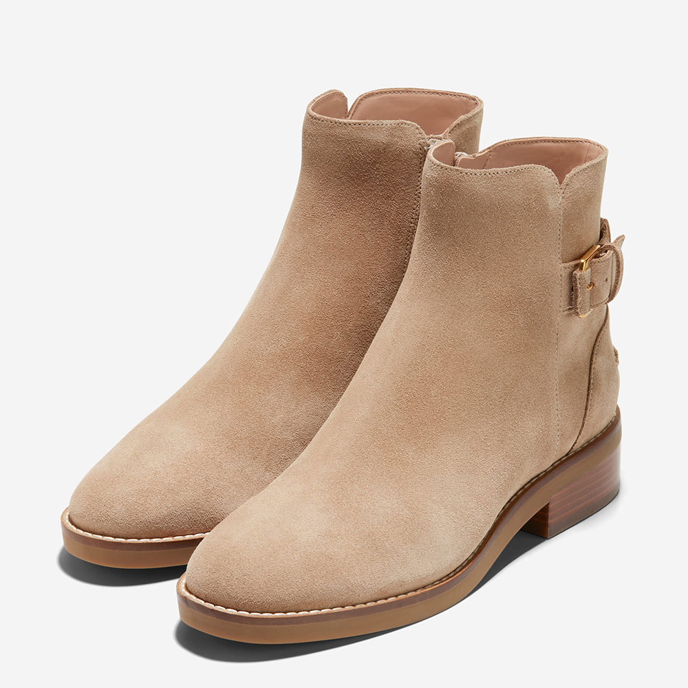 Tan Round Toe Low Heel Buckle Strap Booties for Women with Zipper Nicepairs