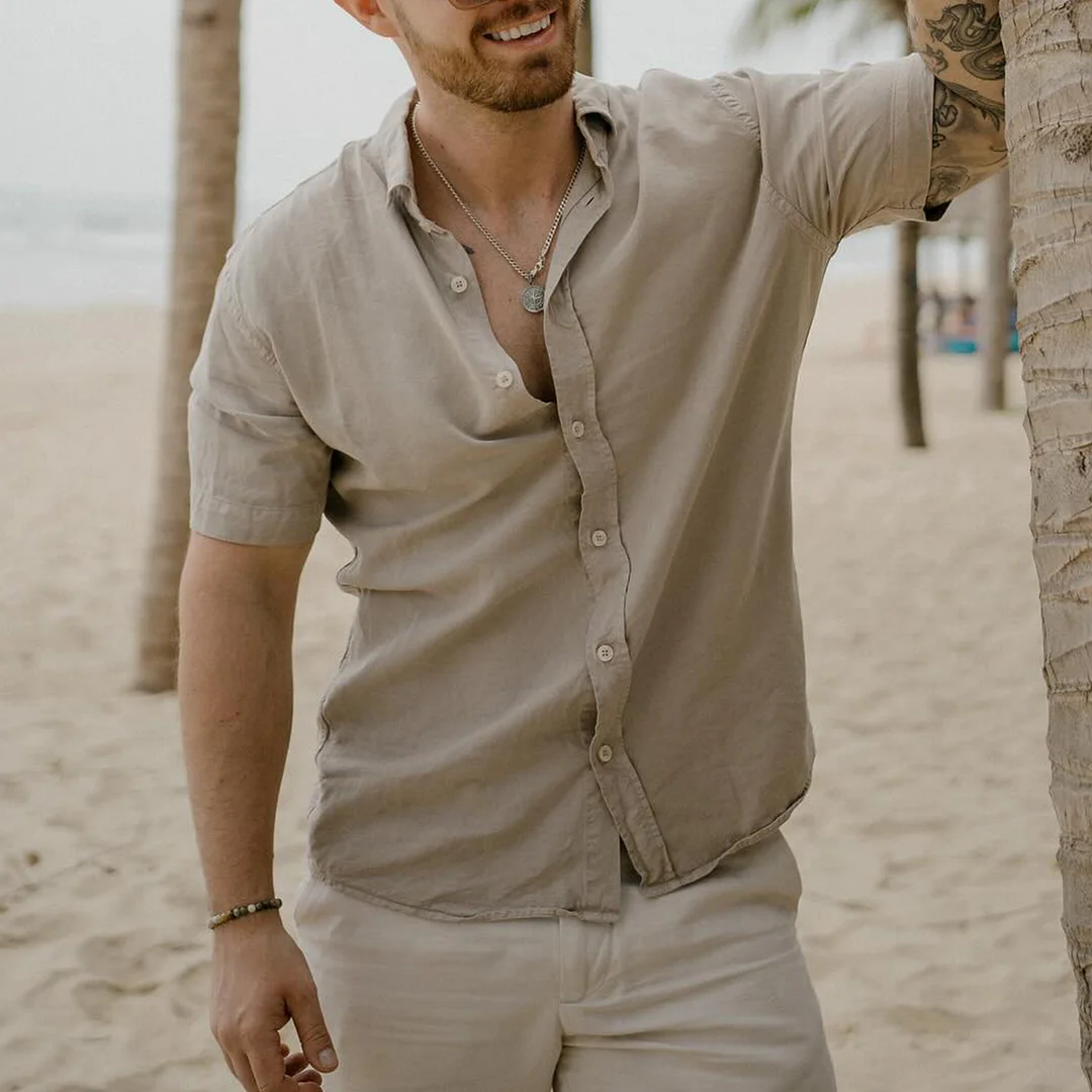 Textured Summer Outfit Vacation Beach Short-sleeved Shirt-inspireuse