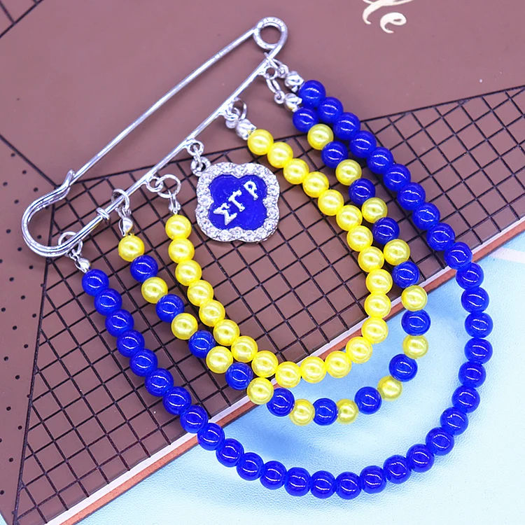 Large Size Blue Yellow Beads Chain Life EST 1922 Sorority Symbol Crown Royally Nine Sigma Gamma Rho Pendant Soror Brooches