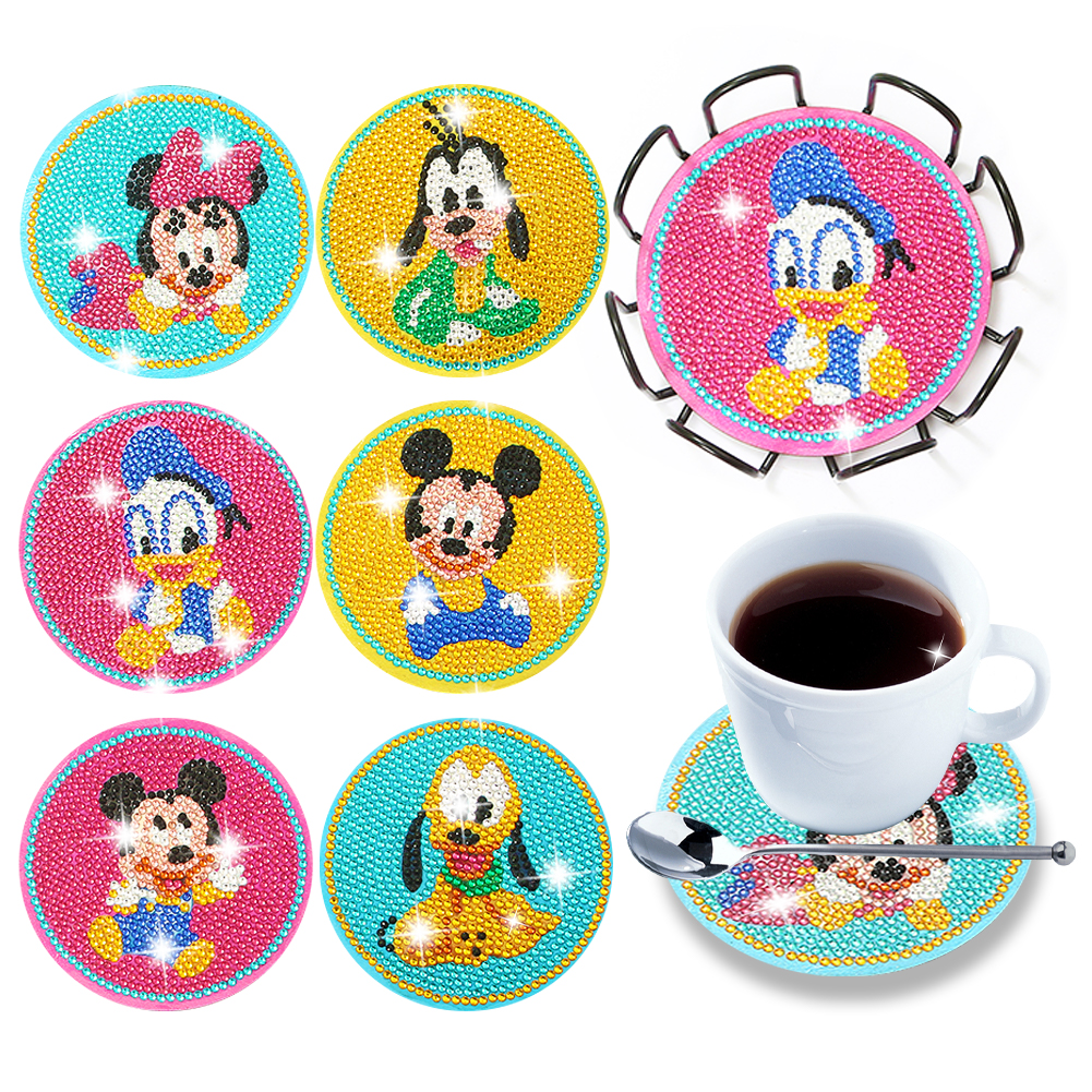 6pcs DIY Diamonds Painting Coaster Mickey Minnie Wooden for Kids Gifts (Y1100)