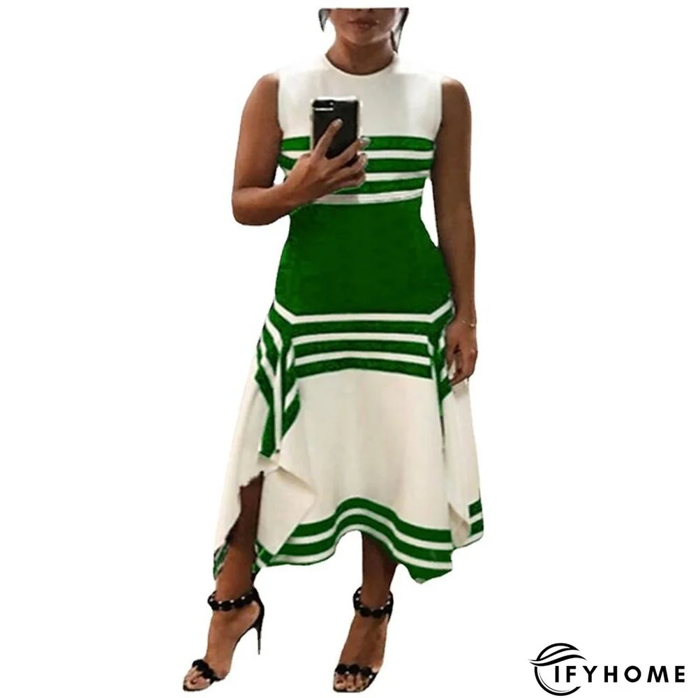 Women's Work Dress Midi Dress White collar stripes Black collar stripes Green Short Sleeve Color Block Print Spring Summer Crew Neck S M L XL XXL XXXL | IFYHOME