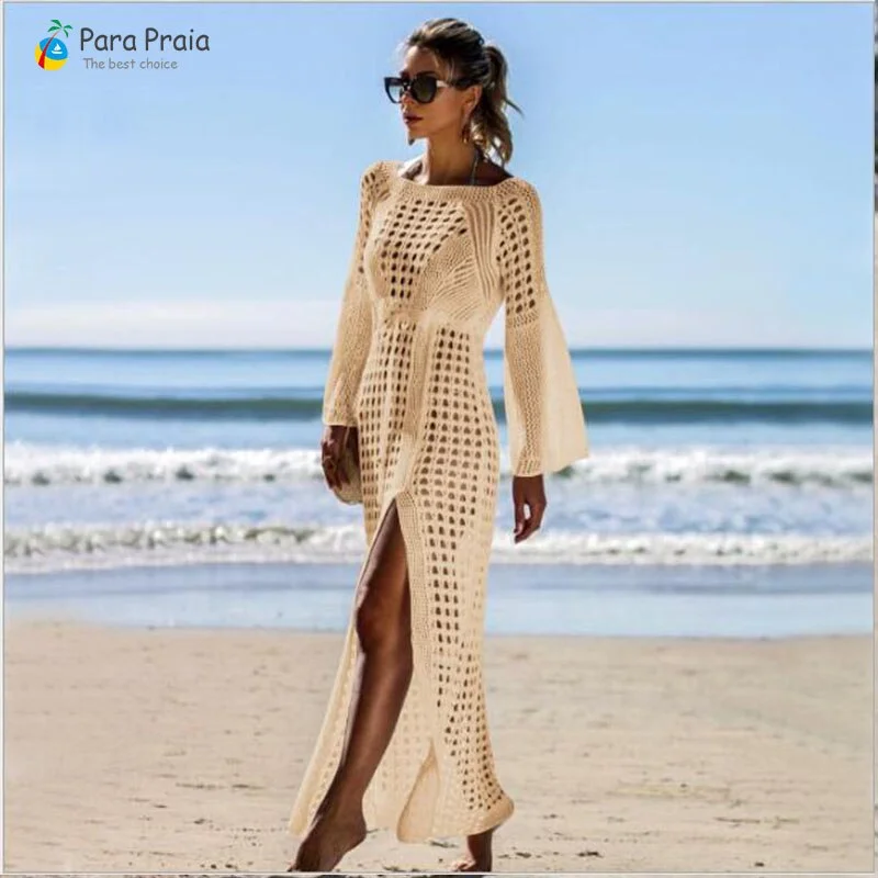 2020 Long Sleeve Crochet Swimwear Cover Up Sexy Stylish Tassel Beach Dress Women Bikini Cover Up Beachwear Loose Cardigan