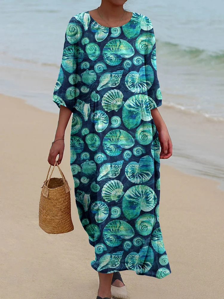 Womens Watercolor Conch Pattern Pocket Cotton Dress