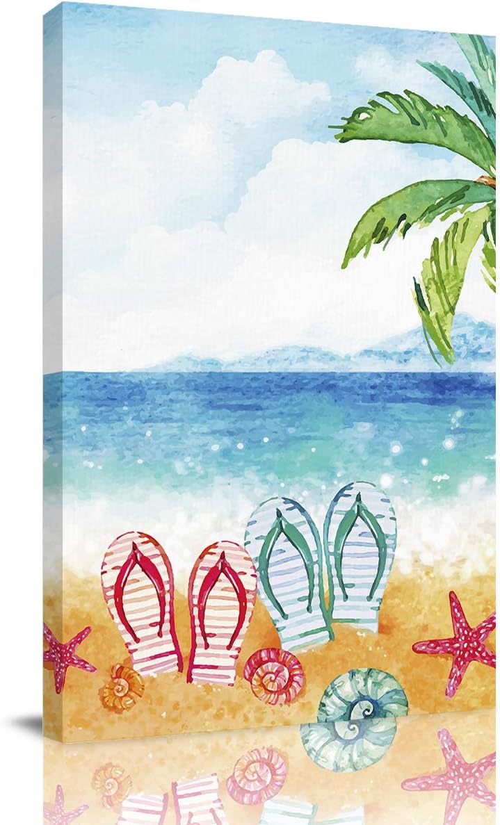 GreaBen Canvas Wall Art for Living Room Bedroom,Watercolor Style Beach Coconut Tree Flip Flops Artwork Painting,Giclee Prints Modern Wall Decor Framed,Ready to Hang,16x24in 16x24in