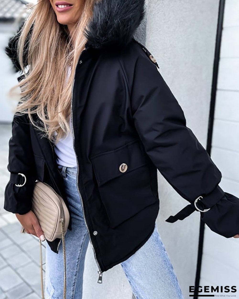 Faux Fur Patch Pocket Zipper Design Hooded Parker Coat | EGEMISS