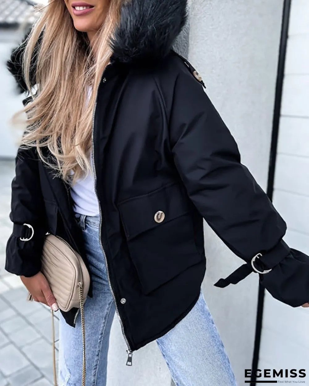 Faux Fur Patch Pocket Zipper Design Hooded Parker Coat | EGEMISS