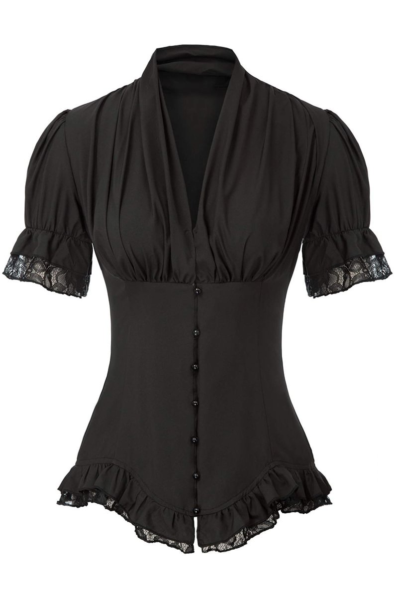 1950s Black Casual V Neck Ruched Lace Button Gridle Blouses [Pre-Order]