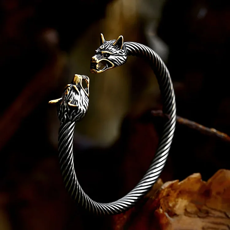 Coutureaura Double Wolf Heads Open Bracelet