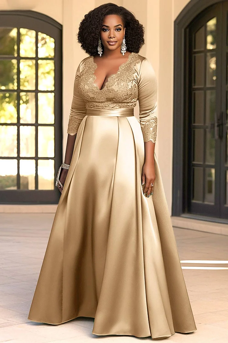 Xpluswear Design Plus Size Evening Gowns Gold V Neck 3/4 Sleeve Contrast  Satin Maxi Dresses [Pre-Order]