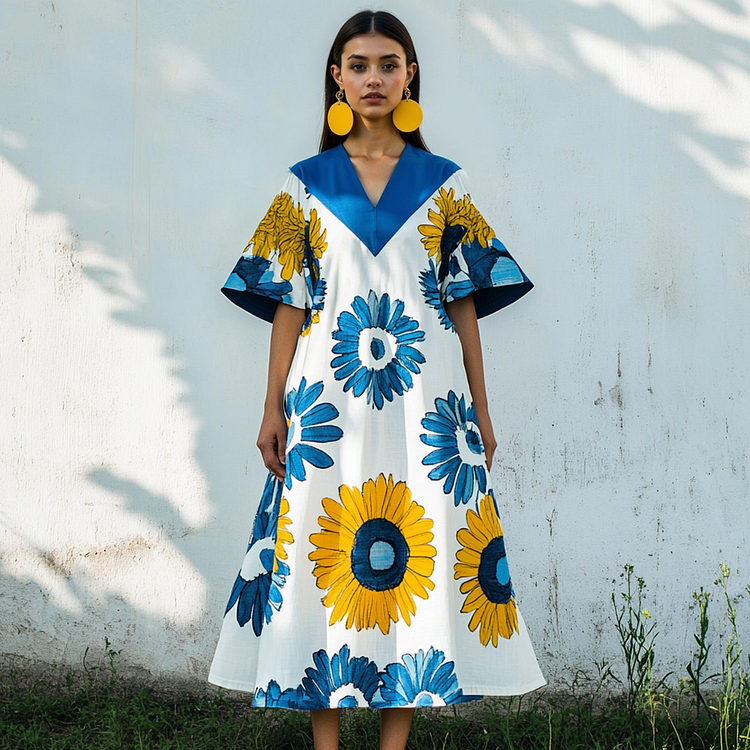 Women's Ukrainian Sunflower Contrasting V-neck Dress