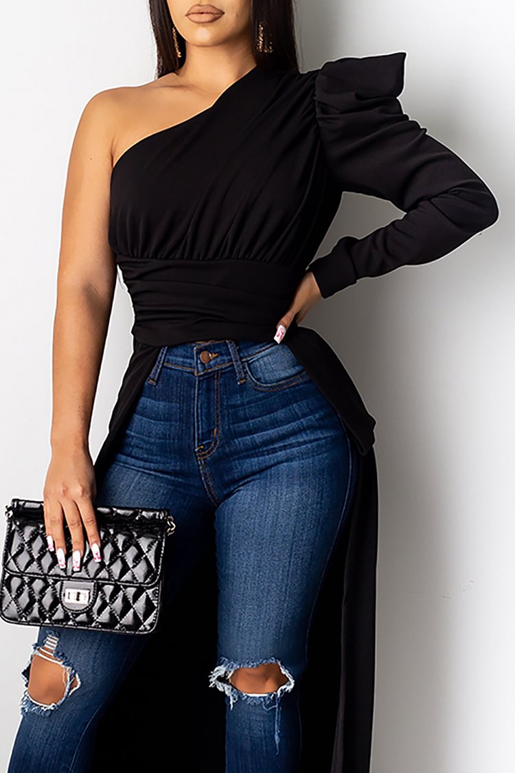 Plus Size Black Party One Shoulder Ruched Swing Blouses [Pre-Order]