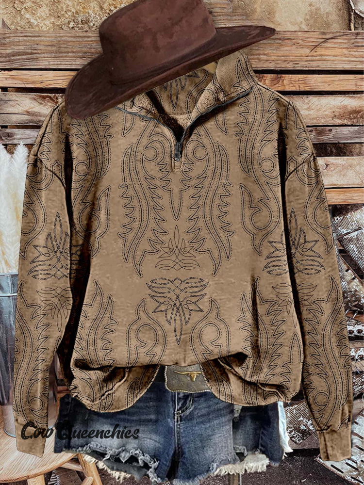 Western Casual Long Sleeve Zip Sweatshirt Brown / S