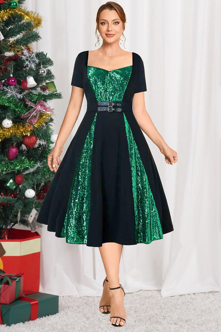 Flycurvy Plus Size Christmas Green Sparkly Sequin Patchwork Leather Buckle Tunic Tea-Length Dress  Flycurvy [product_label]