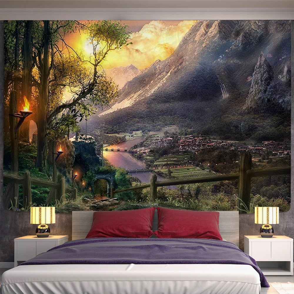Village Under The Mountain Tapestry Wall Hanging Home Dorm Backdrop Decor Art Tapestry Urban Wall Cloth