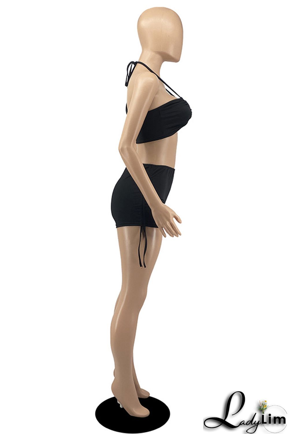 Black Fashion Sexy Solid Bandage Backless Halter Sleeveless Two Pieces