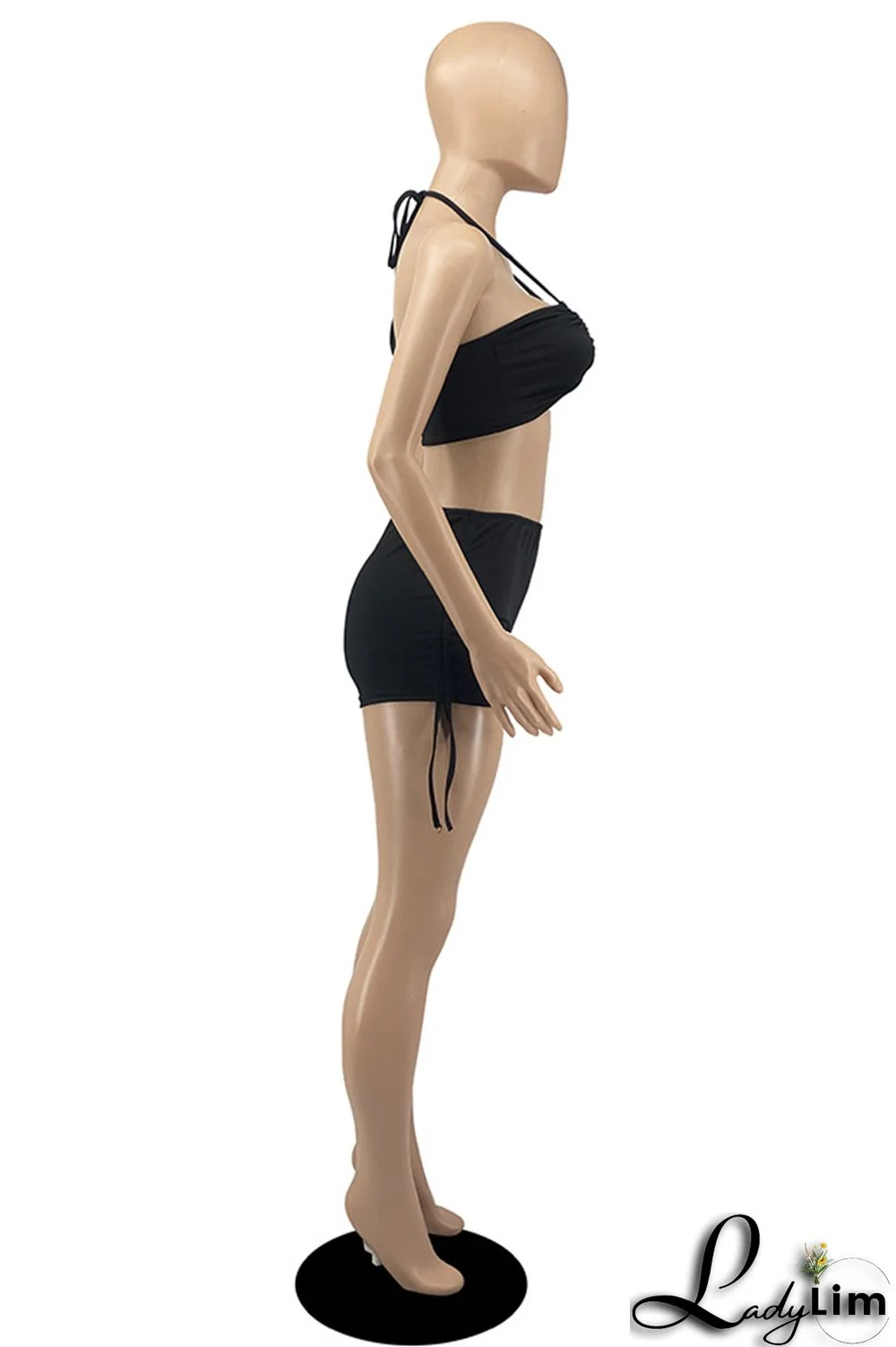 Black Fashion Sexy Solid Bandage Backless Halter Sleeveless Two Pieces