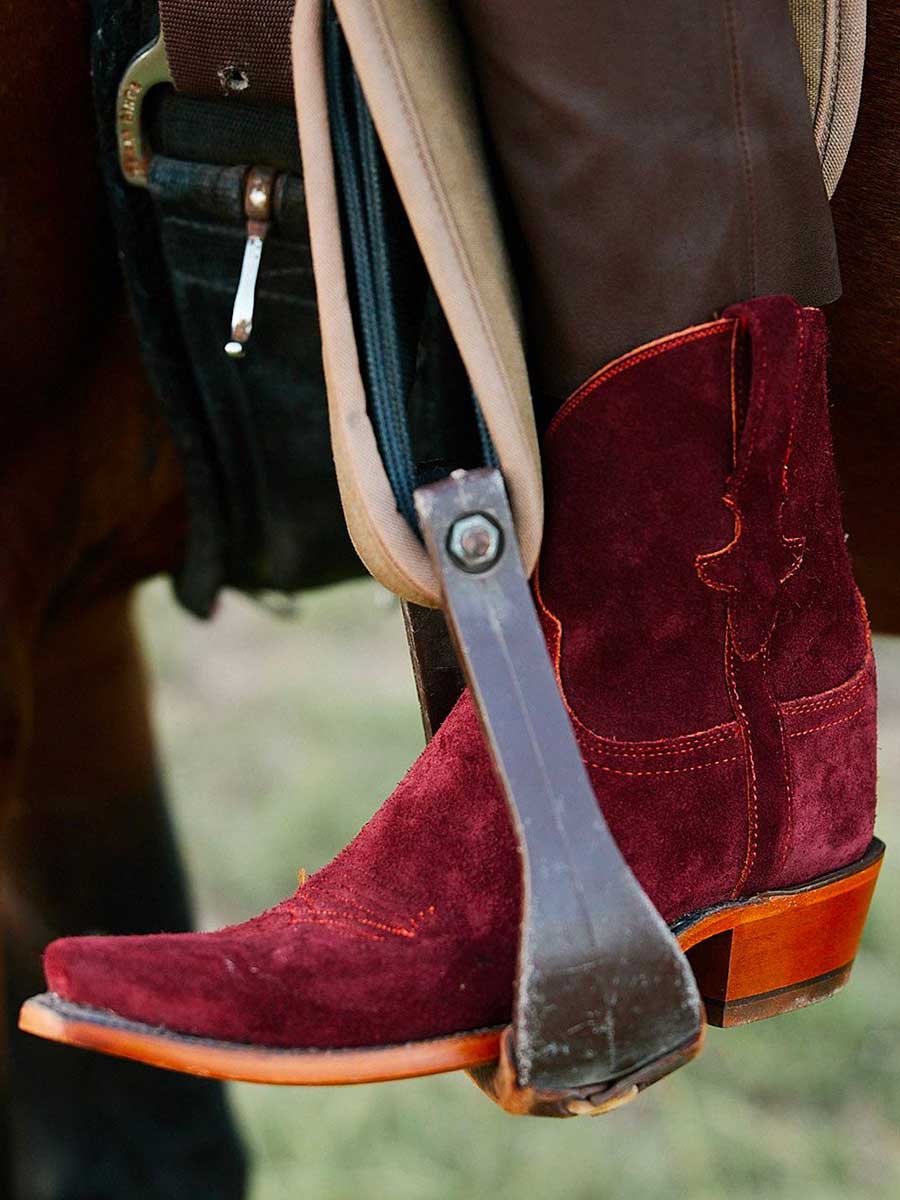 Maroon Faux Suede Snip Toe Embroidery Cowgirl Ankle Boots with Chunky Heel