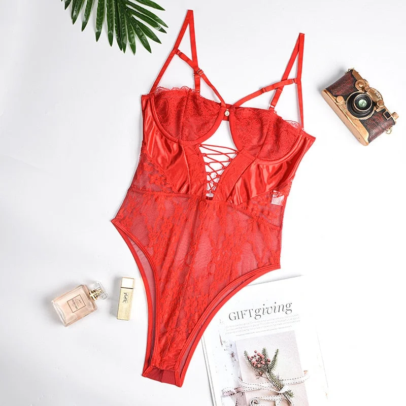 Cryptographic Red Strappy Lace Up Bodysuit Sexy Backless Jumpsuit Female Body Mesh Sheer Lace Cut-Out Teddy Push Up Bodysuits