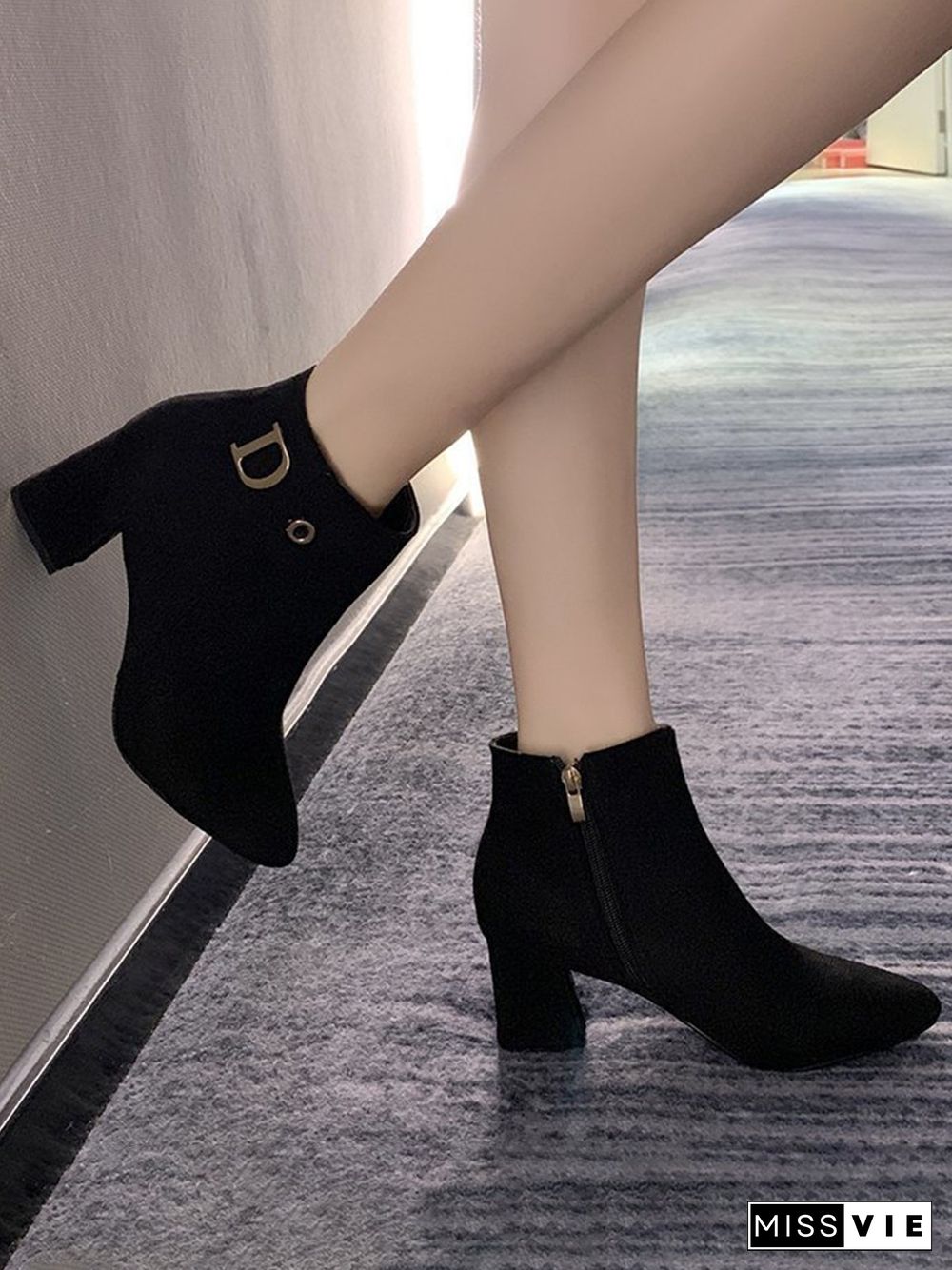 Side Zip Faux Suede Pointed Toe Chunky Heel Booties
