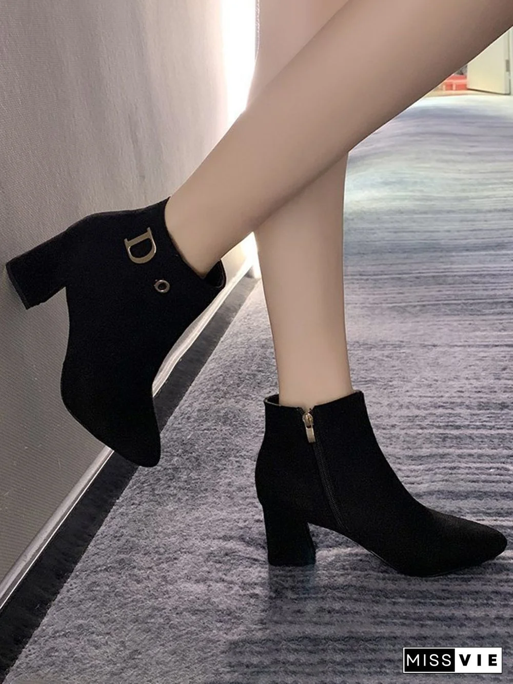 Side Zip Faux Suede Pointed Toe Chunky Heel Booties