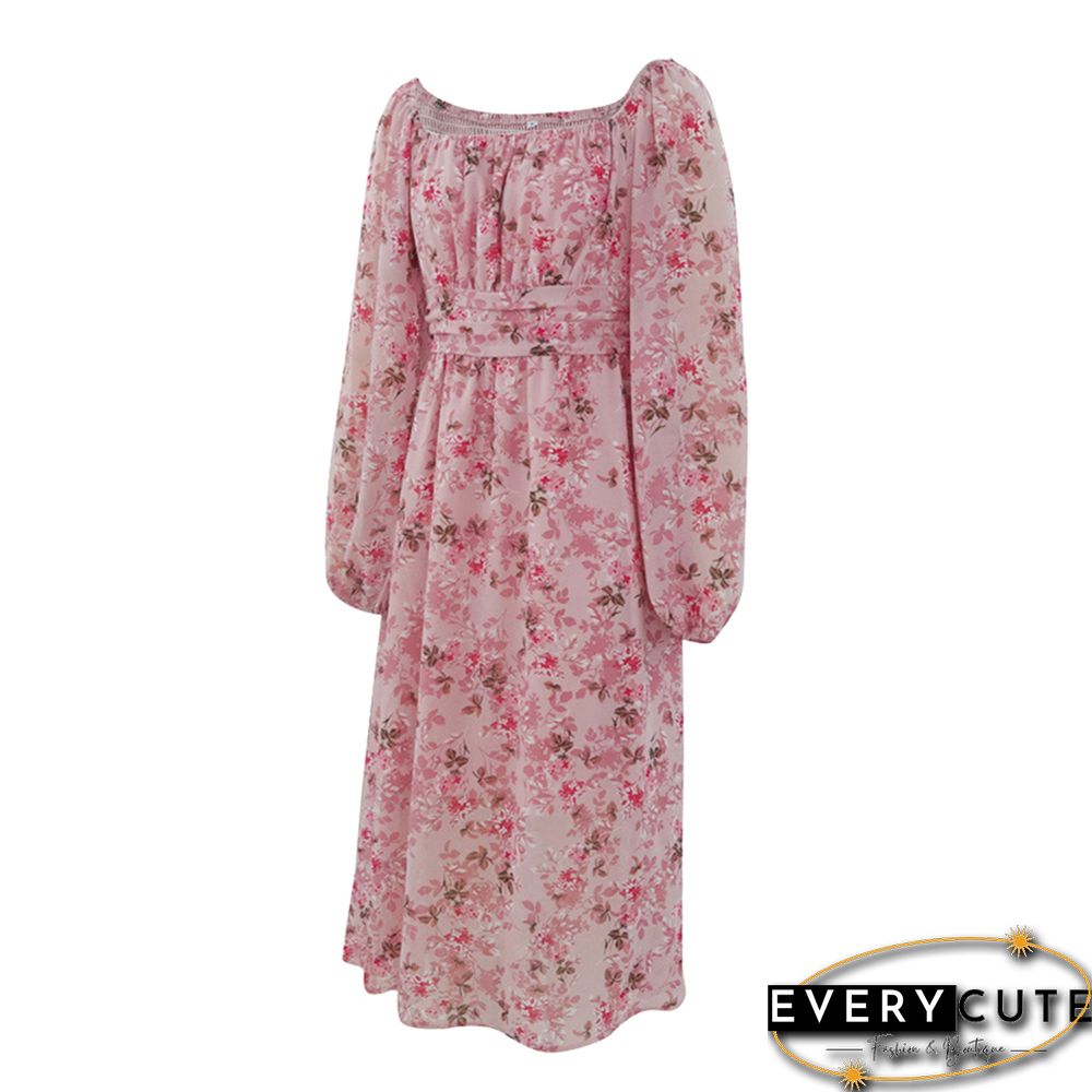 Pink Square Neck Back Pleated Chiffon Floral Dress