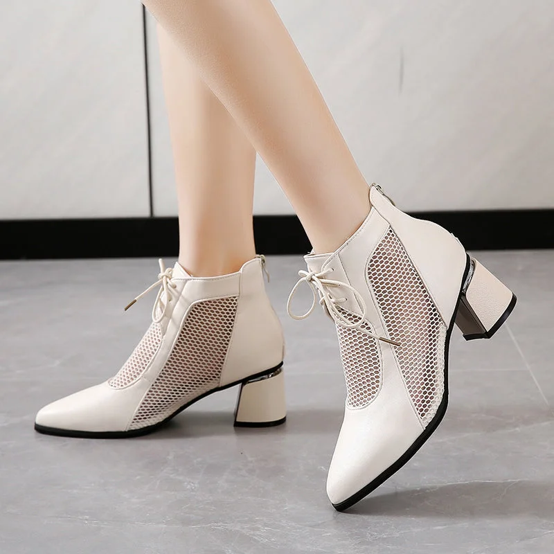 2022 Summer Sexy Black Ankle Boots For Women Mesh Breathable High Heels Botas De Mujer Pointed Toe Thick Heeled Sandals