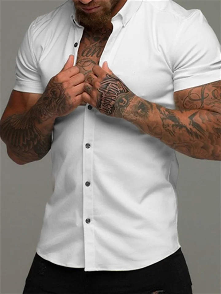 Men's Shirt Button Up Shirt Casual Shirt Summer Shirt Black White Pink Red Blue Short Sleeve Plain Band Collar Daily Vacation Clothing Apparel Fashion Casual Comfortable-Cosfine