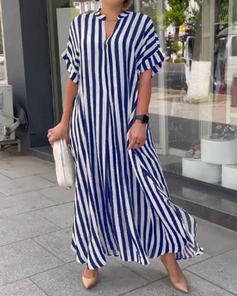 Churchf Churchf Women's Fashion Side Slit Stripe Loose Casual Short-Sleeved Dress