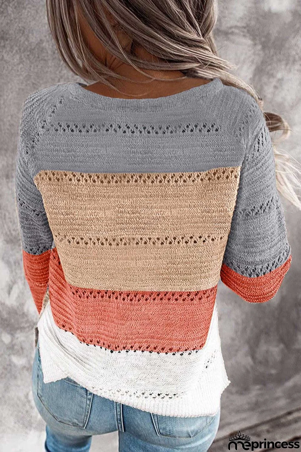 Multi-color Knitted Color Block Long Sleeve Crew Neck Sweater