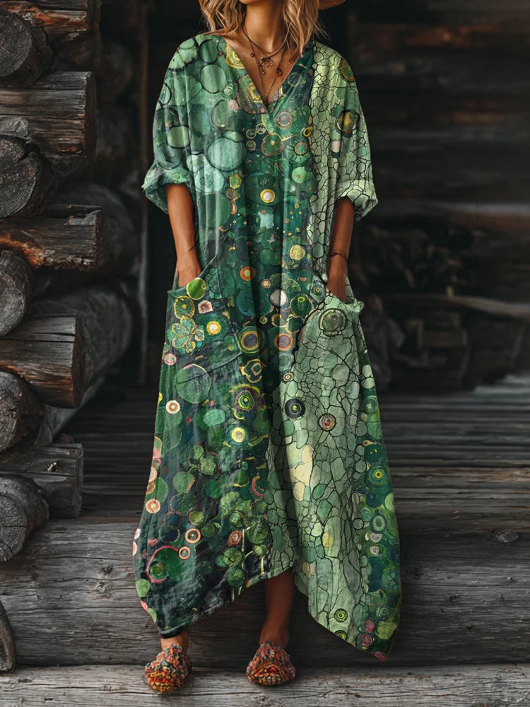 Women's Ethnic Floral Art Pattern Print Pocket V-neck Cotton Dress