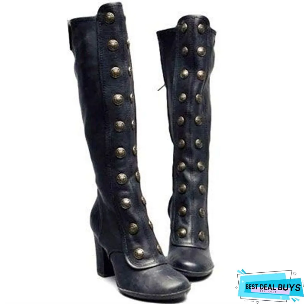 zolucky Women Vintage Double-Breasted Mid-Calf Boots