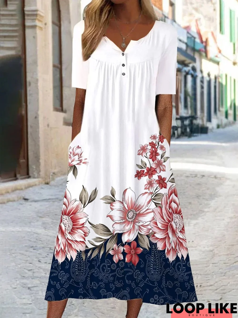 Jersey Casual Crew Neck Floral Midi Dress