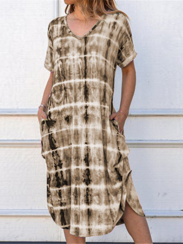 New Women's Short-sleeved V-neck Loose-fitting Fork Print Dress | EGEMISS