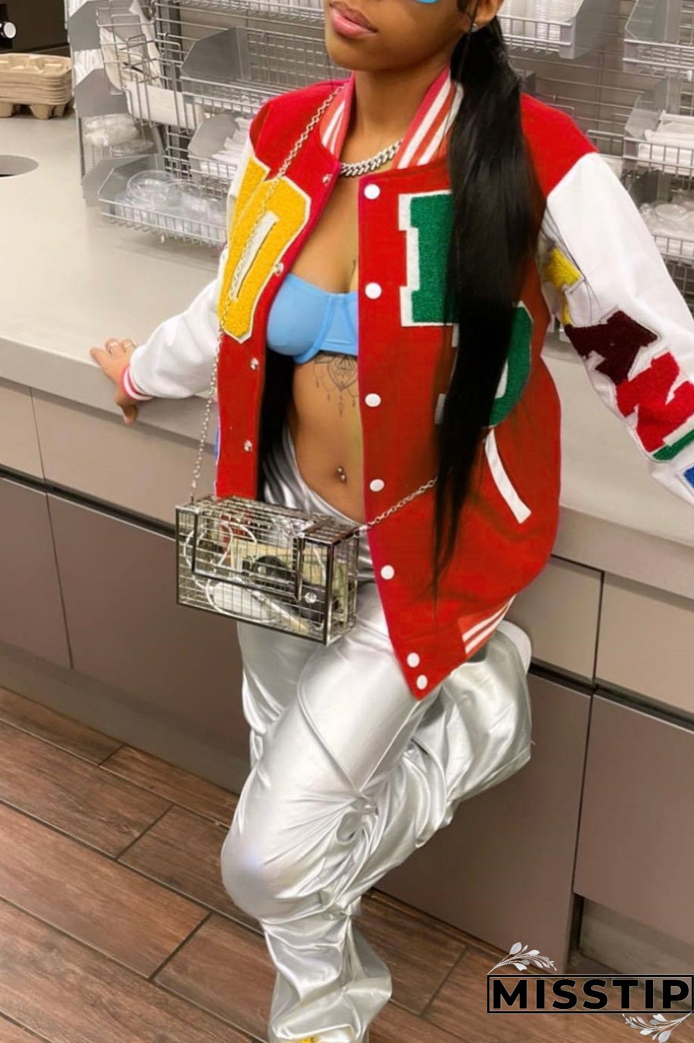 Blue Casual Letter Patchwork Contrast Turn-back Collar Outerwear