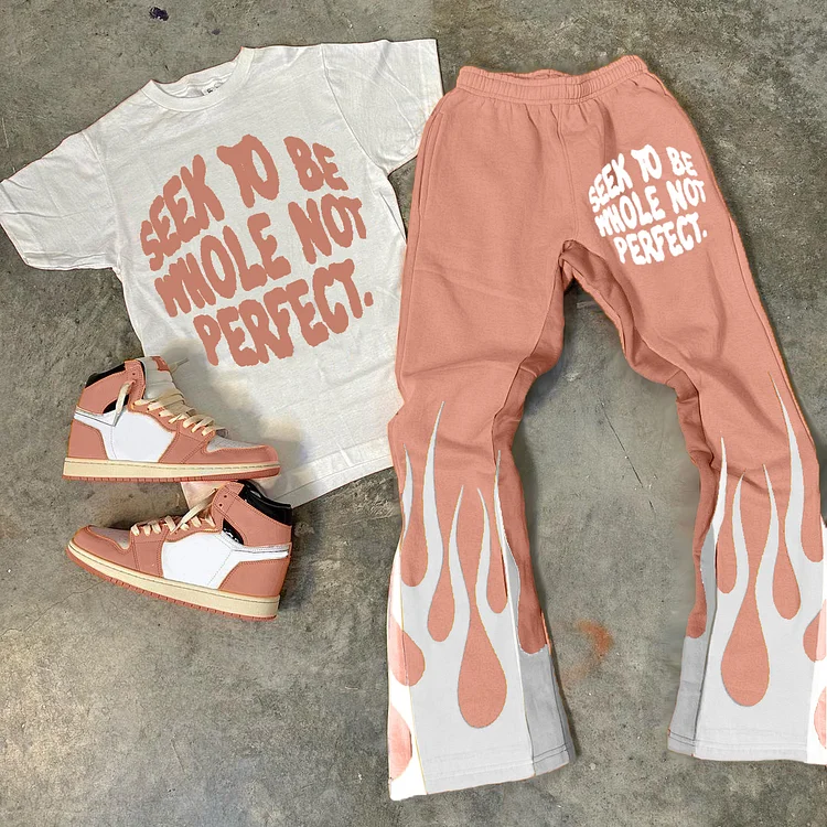 Personalized Seek To Be Whole Not Perfect Print Graphic Short Sleeve Tee & Flared Trousers Two Piece Set