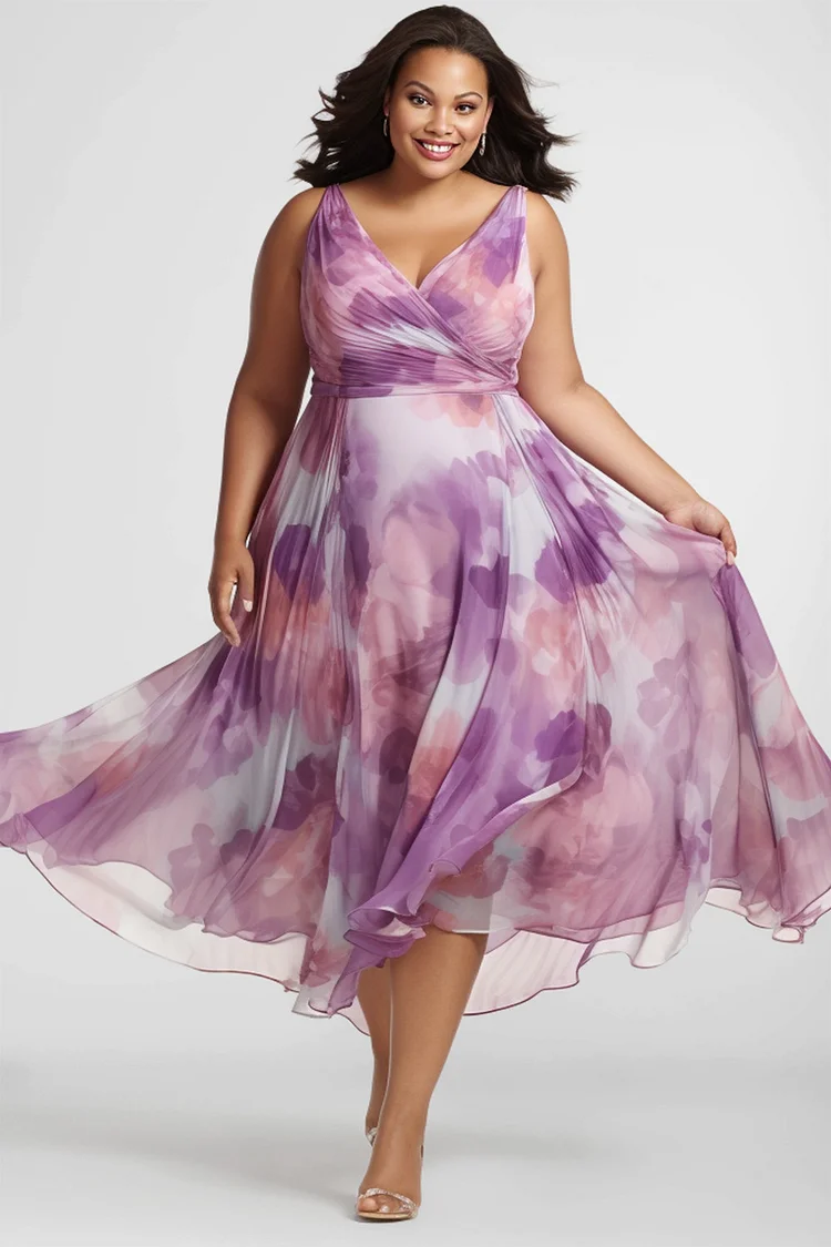 Flycurvy Plus Size Wedding Guest Purple Chiffon Floral Print Empire Waist Sleeveless Maxi Dress  Flycurvy [product_label]