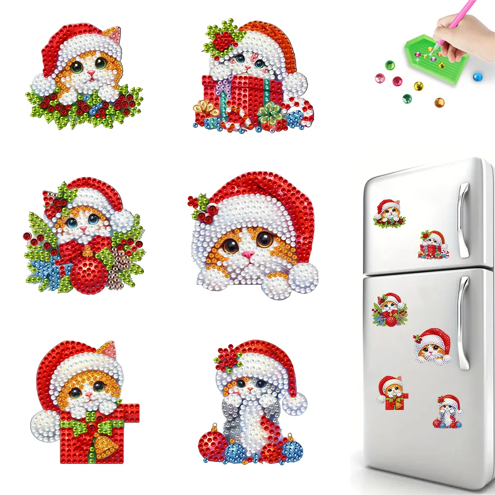 6Pcs Christmas Cat Diamond Painting Refrigerator Magnets Diamond Art Kits