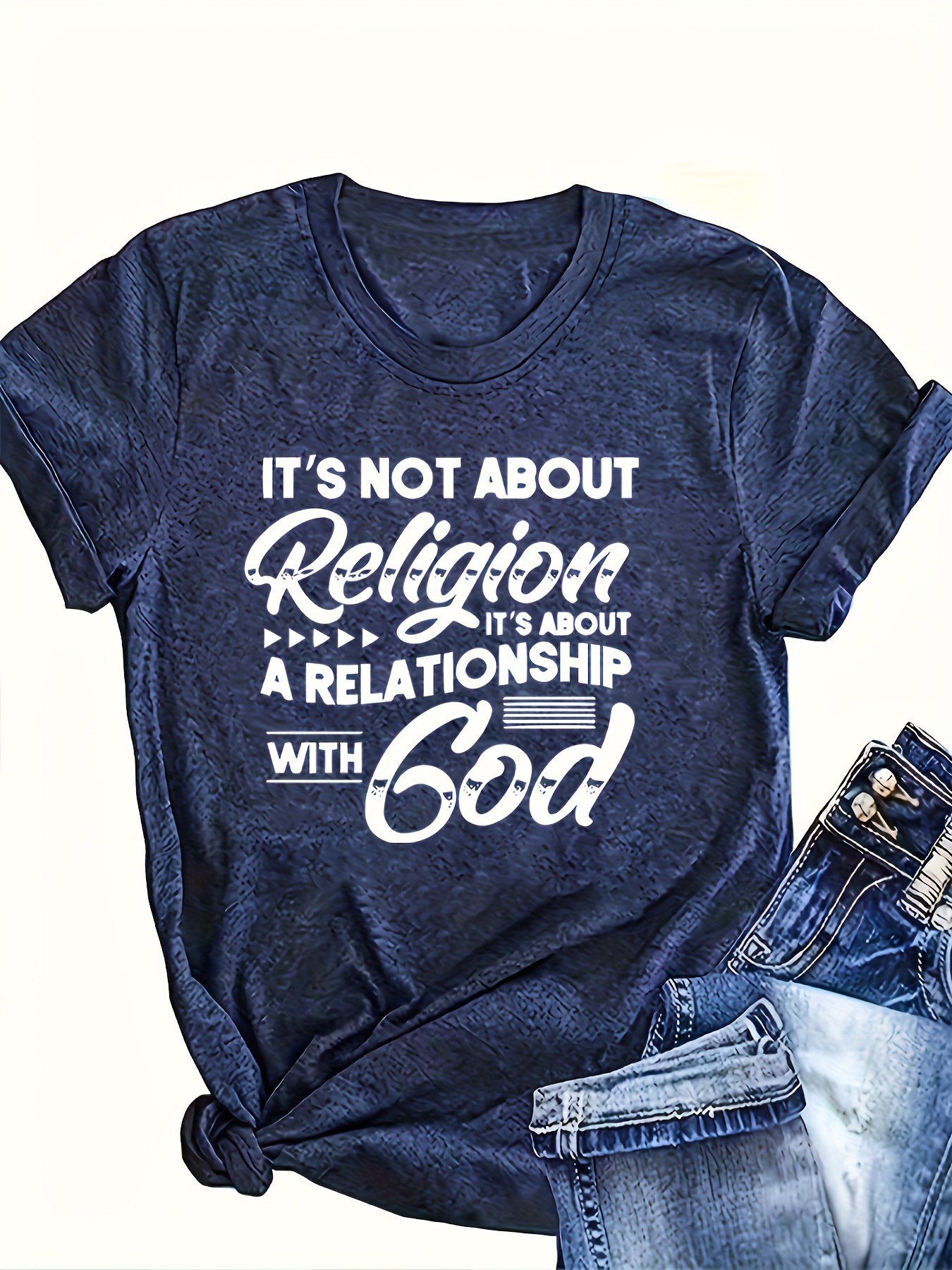Womens Navy Blue Inspirational Quote Casual T-Shirt Faith-Based Relationship Short Sleeve | IFYHOME