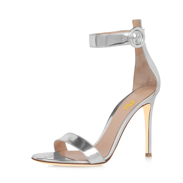 FSJ Silver Metallic Ankle Strap Summer Sandals Open Toe Stiletto Heels |FSJ Shoes