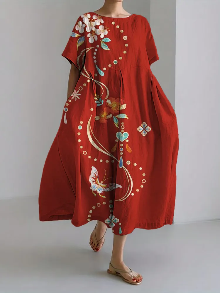 Elegant Butterflies Floral Embroidery Art Linen Blend Maxi Dress