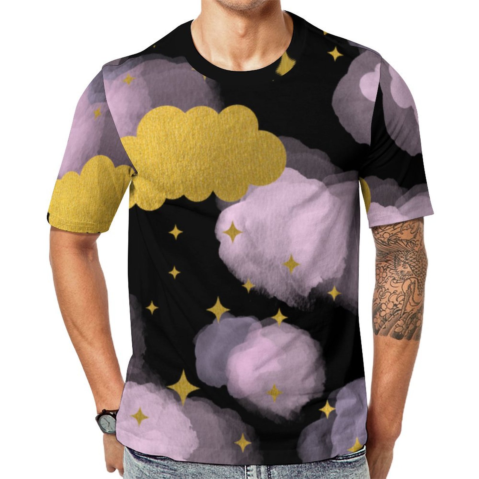 Pink Watercolor Clouds Gold Stars Sky Round Short Sleeve Print Unisex Tshirt Summer Casual Tees for Men and Women Coolcoshirts