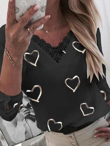 Women's Half Sleeve V-neck Hearts Printed Lace Stitching Tops Blouse