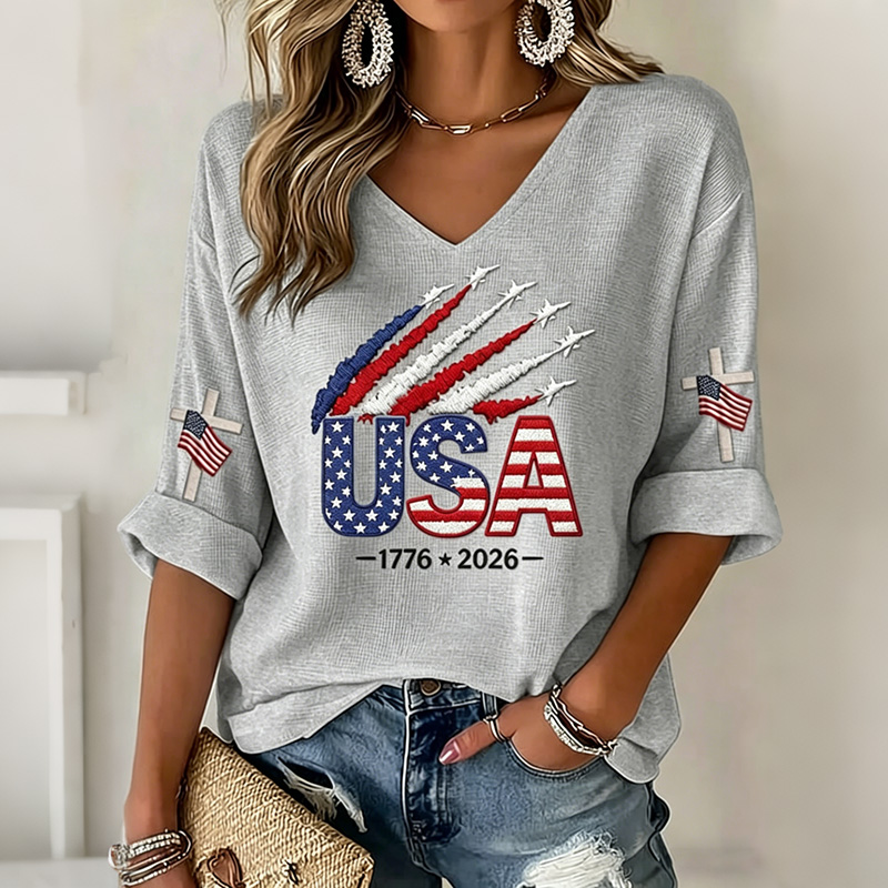  Women&rsquo;s Usa Anniversary Print Slub Fabric V-neck T-shirt Westsshops