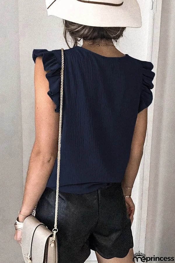 Casual T-shirt Solid V-neck Pullover Ruffle Sleeve Top