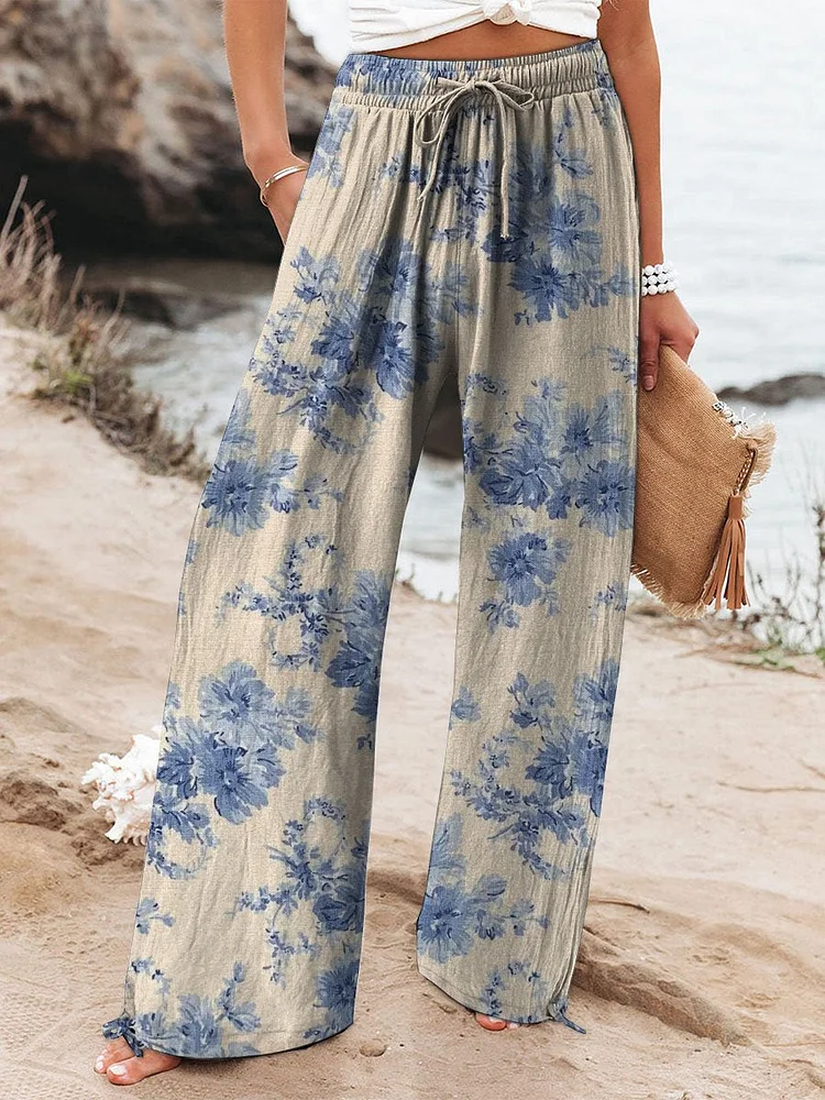 Women's Vintage Floral Art Printed Cotton And Linen Casual Pants