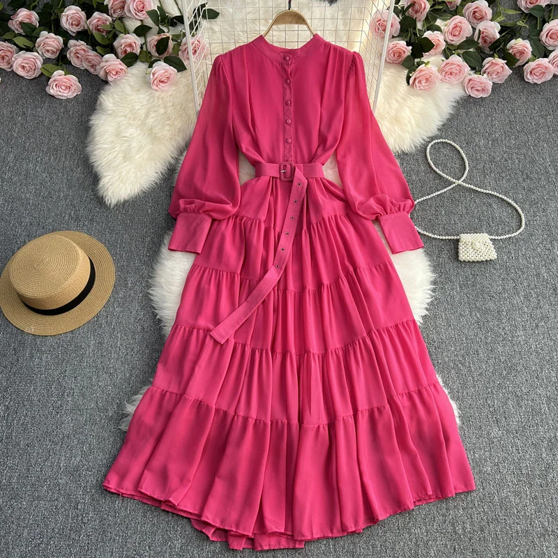 Zingj Zingj Dress New V-Neck Single Breasted Chiffon Dress Female French Retro Waist Show Thin Big Place A Word Long Skirt Tide