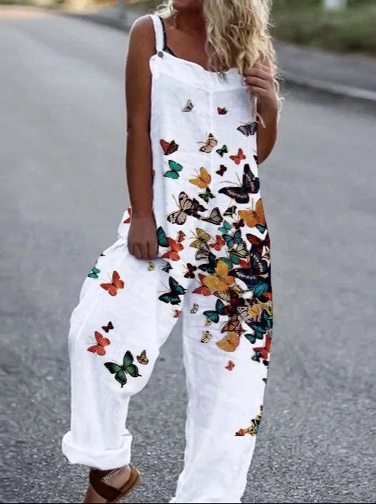 Printed Casual Cotton And Linen Jumpsuit